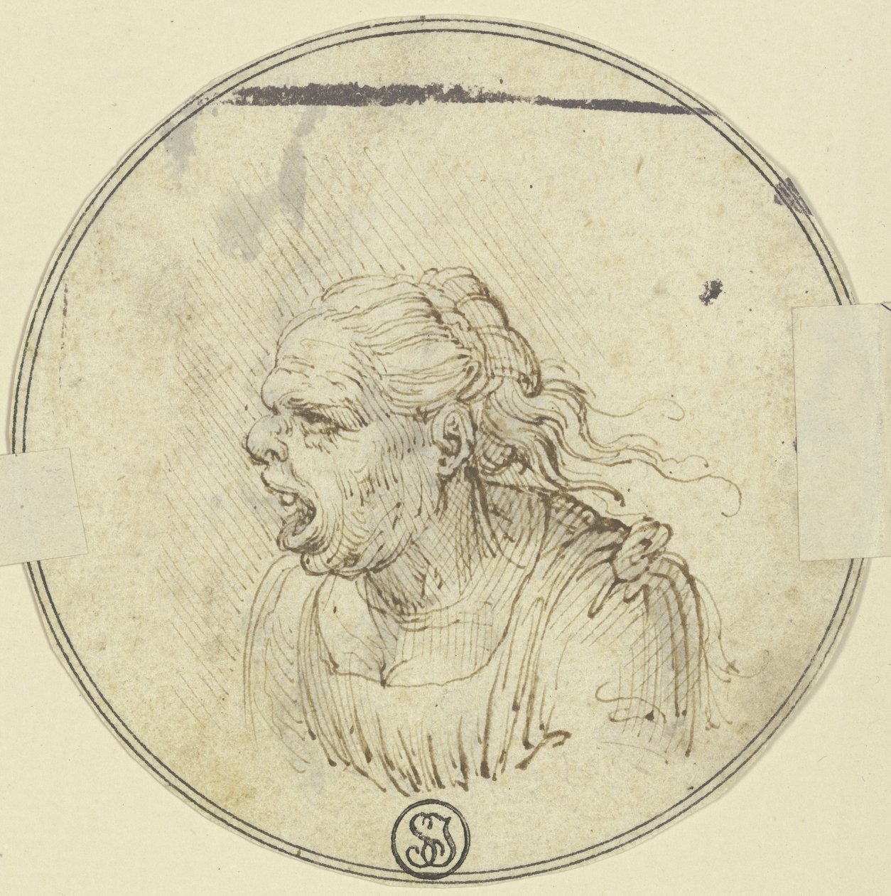 Karikatur einer Frau mit offenem Mund, Brustbild, im Profil nach links von Leonardo da Vinci