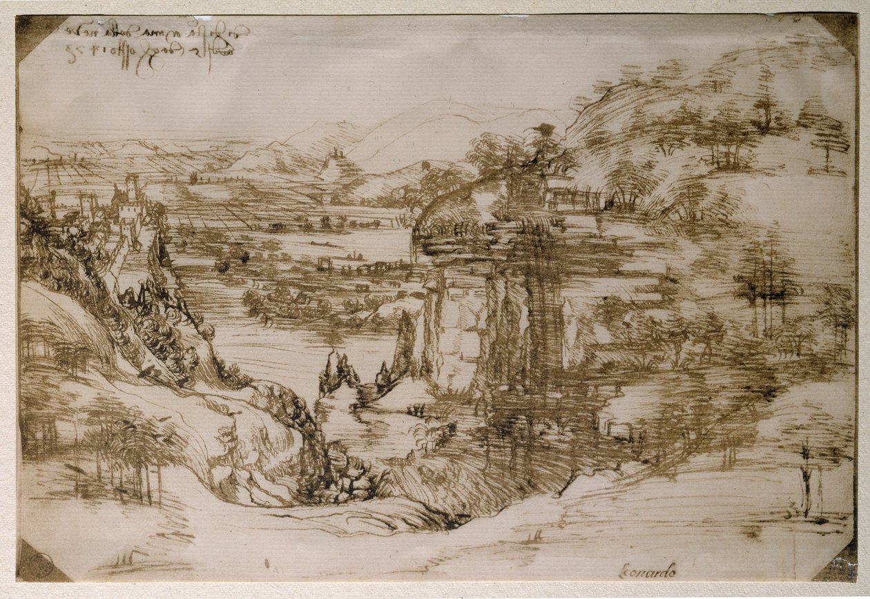 Landschaft von Santa Maria della Neve: die Landschaft des Arnotals (Bleistiftzeichnung) von Leonardo da Vinci