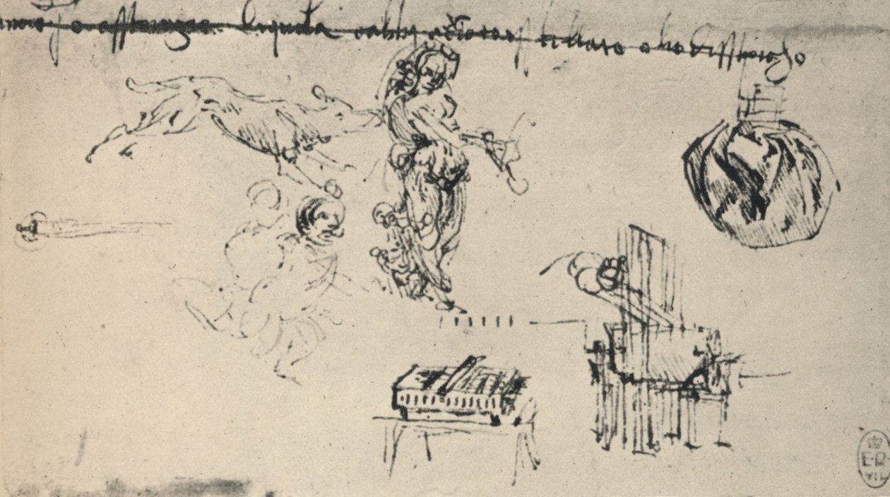 Blatt mit Studien einer jungen Frau, eines Wolfs usw., um 1480, 1945 von Leonardo da Vinci