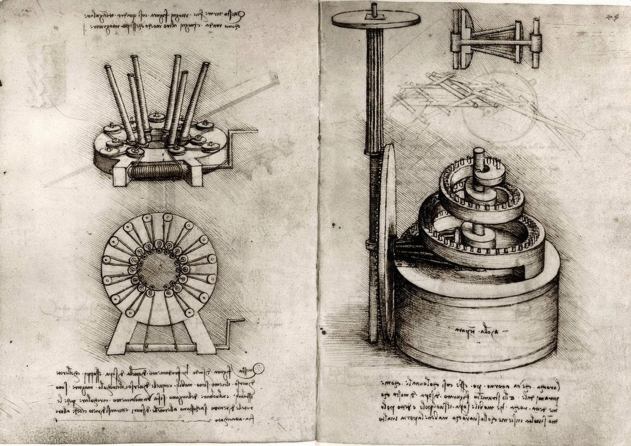 Studien zur Mechanik; rechts Triebfeder einer Uhr von Leonardo da Vinci