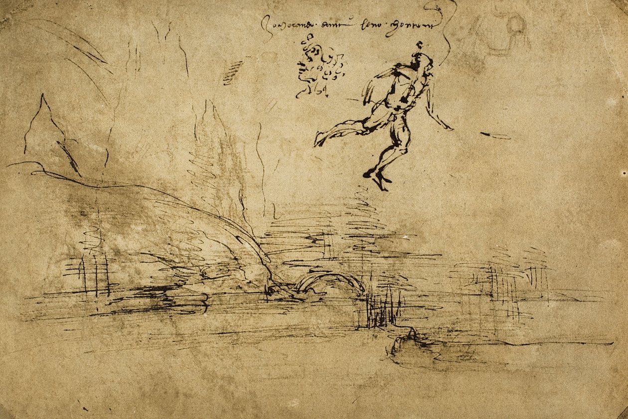 Die Rückseite einer Landschaftszeichnung mit der Figur eines Soldaten: Zeichnung von Leonardo da Vinci. Gabinetto dei Disegni e delle Stampe, Uffizien, Florenz von Leonardo da Vinci