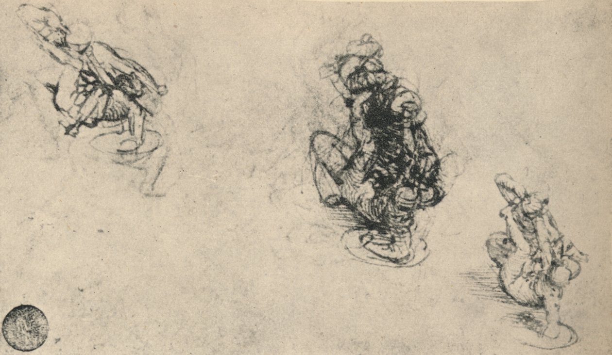 Drei Studien eines Mannes, der einen gefallenen Feind ersticht, ca. 1480, 1945 von Leonardo da Vinci