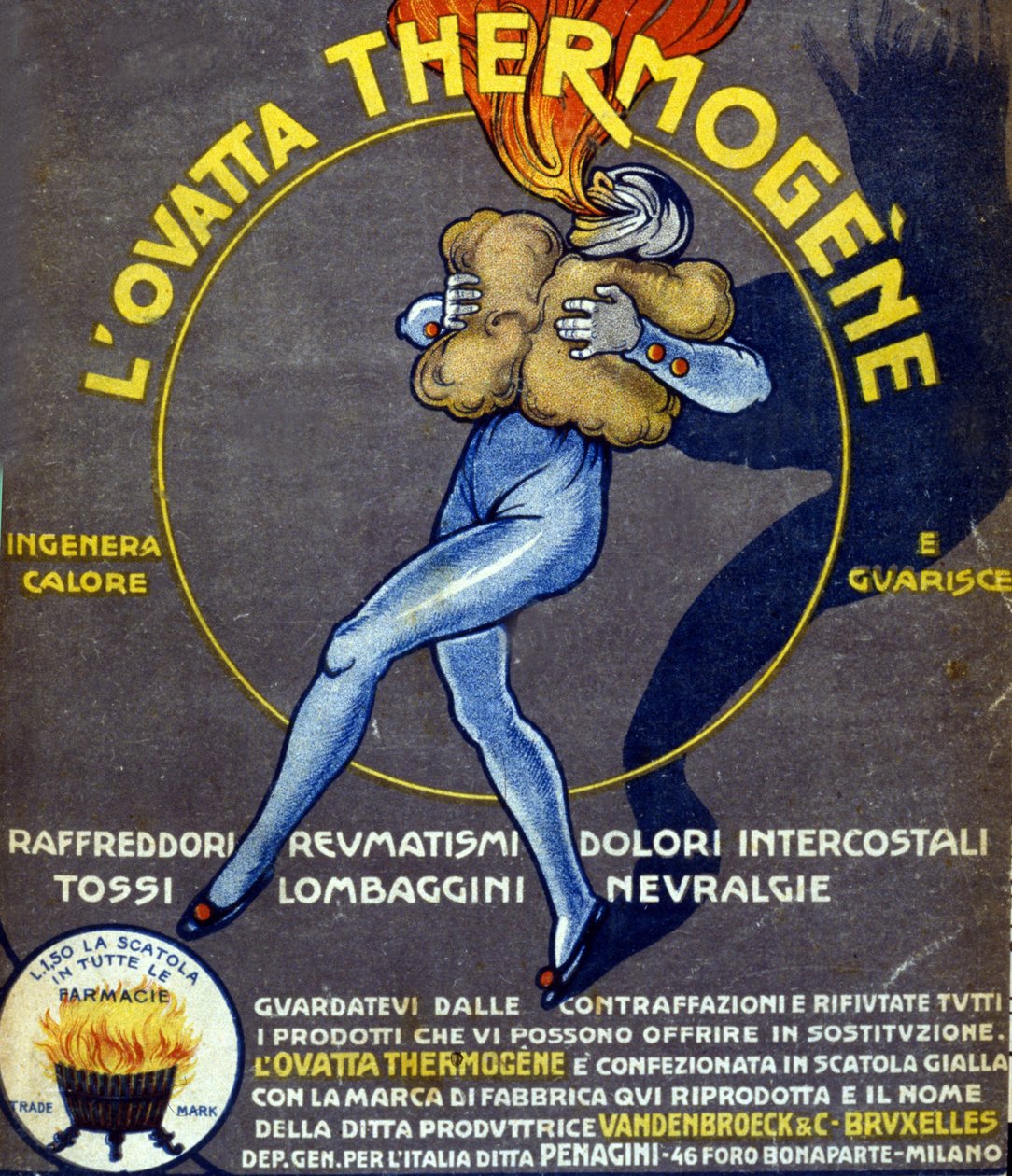 Werbung für thermogene Baumwolle zur Heilung von Erkältungen, inneren Schmerzen, Rheuma, Husten, Neuralgie und Hexenschuss. Zeichnung von L. Cappiello (1875 - 1942) Italien, 20. Jahrhundert von Leonetto Cappiello