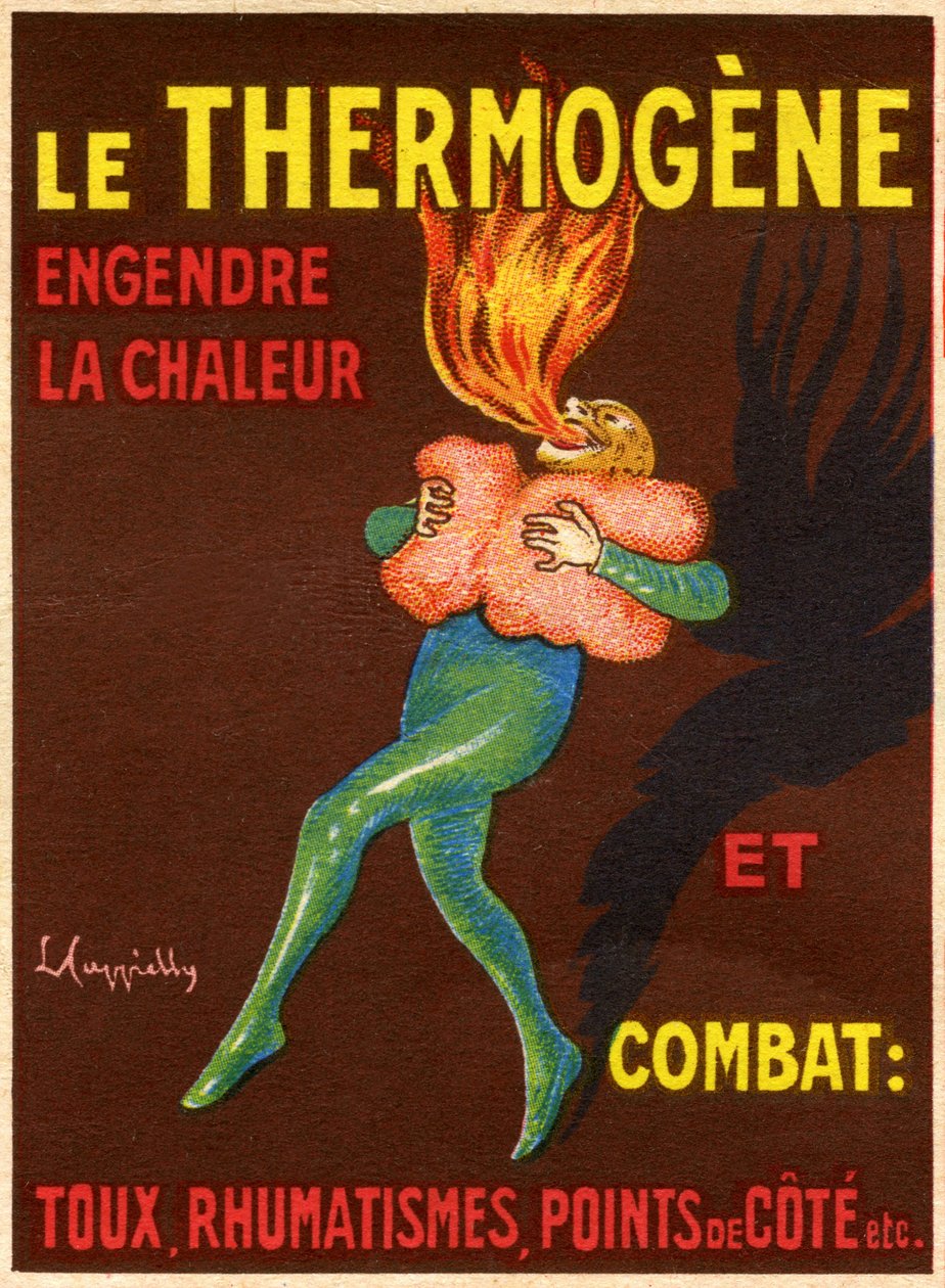 Etikett einer Schachtel mit reizendem und auflösendem Wattebausch Le Thermogene, Kompresse zur Linderung von Husten, Erkältungen, Schmerzen und Rheuma - Formel: hydrophile Baumwolle, neue Koccine, Gelborange S, Capsicum-Extrakt. Pharmazeutisches Produkt, h von Leonetto Cappiello