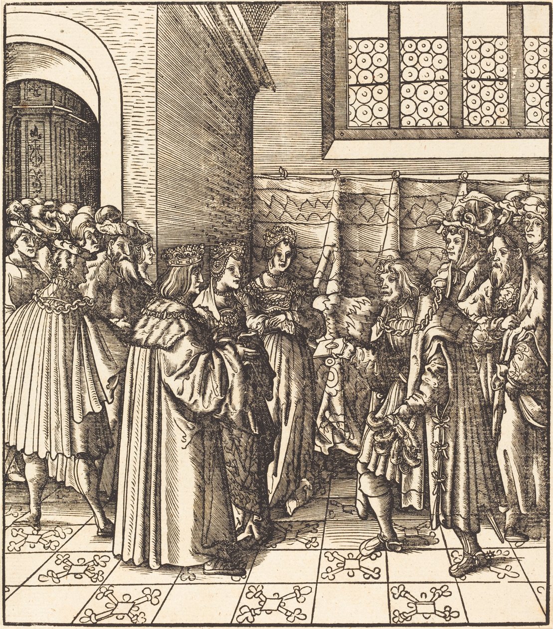 Eine Gesandtschaft vor einem König, neben ihm zwei stehende Frauen von Leonhard Beck