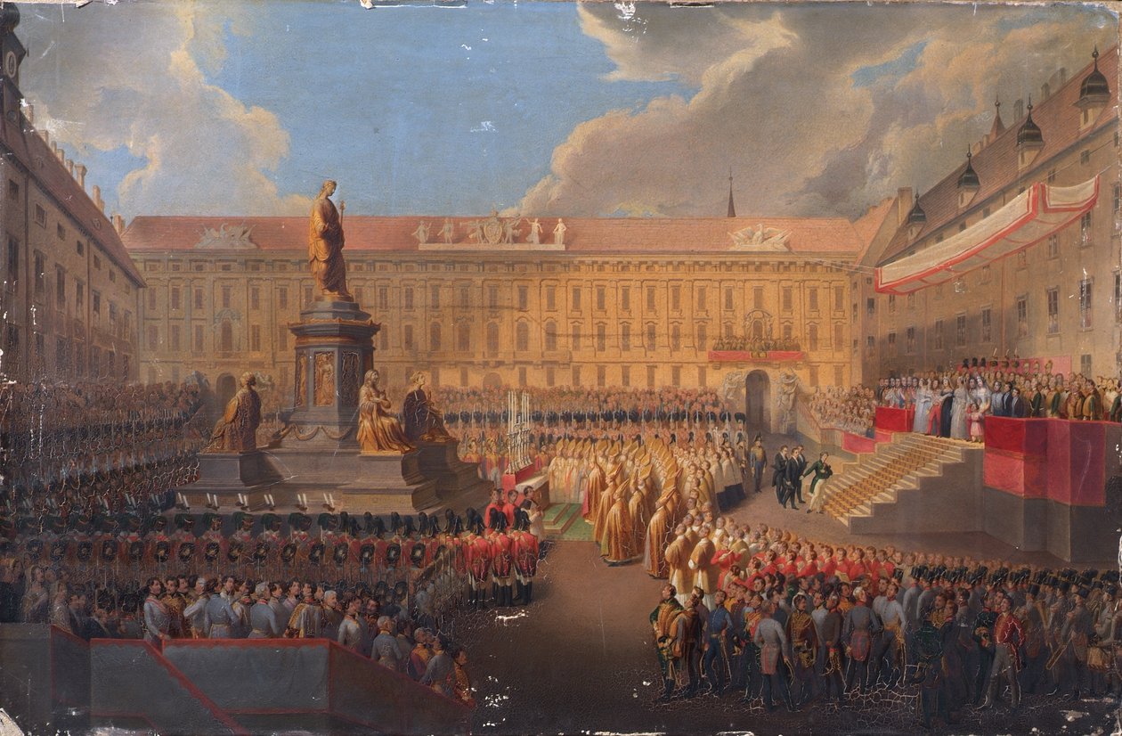 Enthüllung des Denkmals für Kaiser Franz I. von Österreich am 19. Juni 1846 auf dem Wiener Franzensplatz von Leopold Bucher