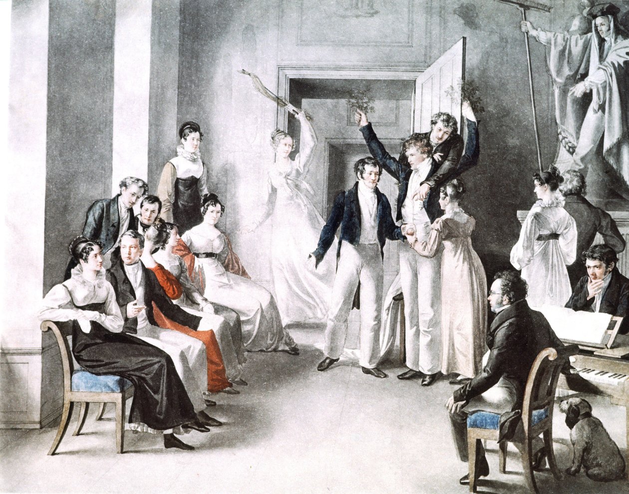 Musikalisches Treffen der Schubertianer. Schubert sitzt auf dem Stuhl rechts. Aquarell von Kupelniesen von Leopold Kupelwieser