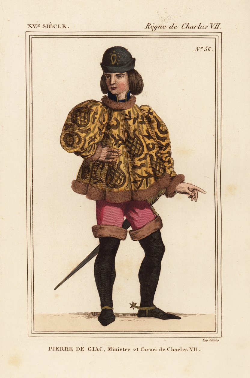 Pierre de Giac, Kämmerer von König Karl VII. von 1377-1426. Durch Ertränken in Dun-Le-Roi hingerichtet. Er trägt eine kurze Kasel mit Mahoitres-Ärmeln, rosa Pantalons und Stiefel mit Sporen. Handkolorierte Lithographie nach einer Miniatur in einem Manuskri von Leopold Massard
