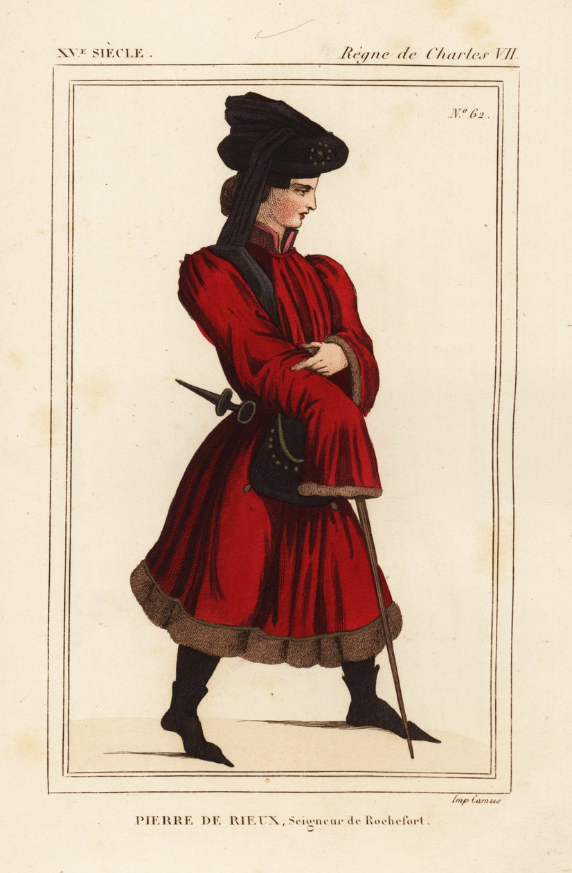 Pierre de Rieux, Herr von Rochefort 1389-1439. Handkolorierte Lithographie nach einem Porträt im Portfolio VI 136 von Roger de Gaignieres aus Le Bibliophile Jacob alias Paul Lacroix