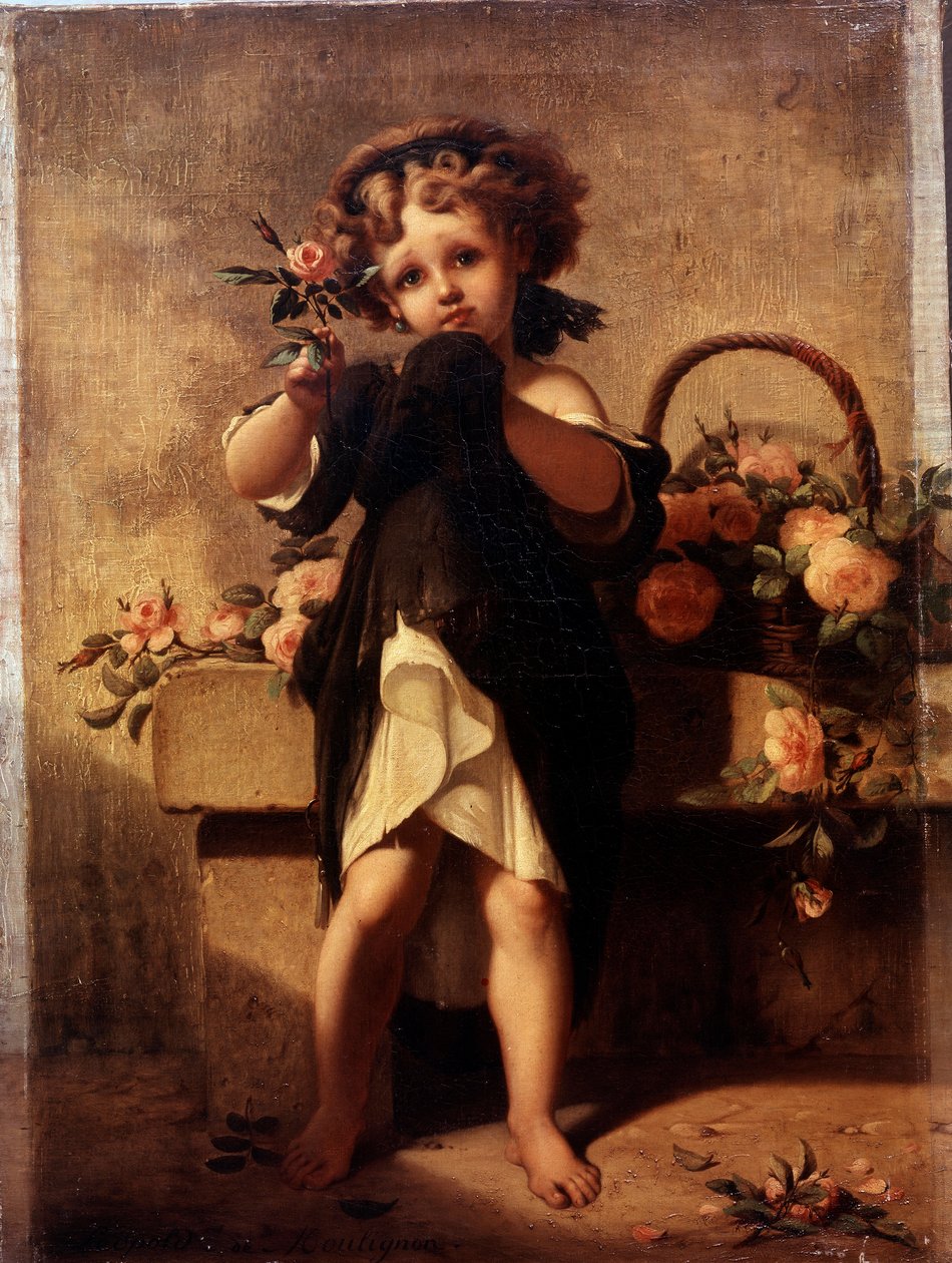 Ganzkörperporträt eines kleinen Mädchens mit Rose von Leopold de Moulignon