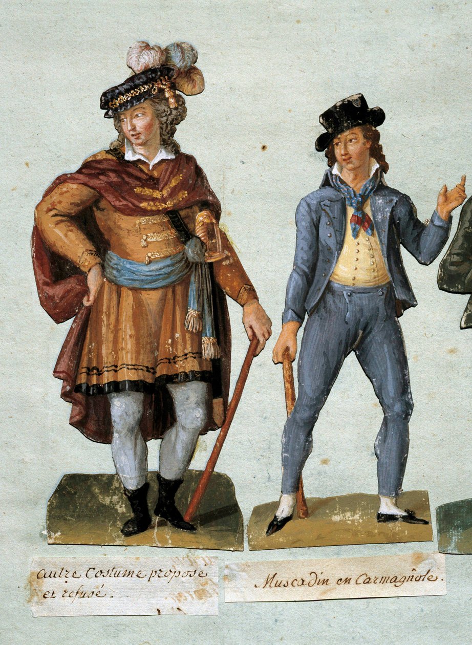 Französische Revolution: Kostüme von fantasievollen royalistischen Dandys (Muscadin) von Lesueur Brothers