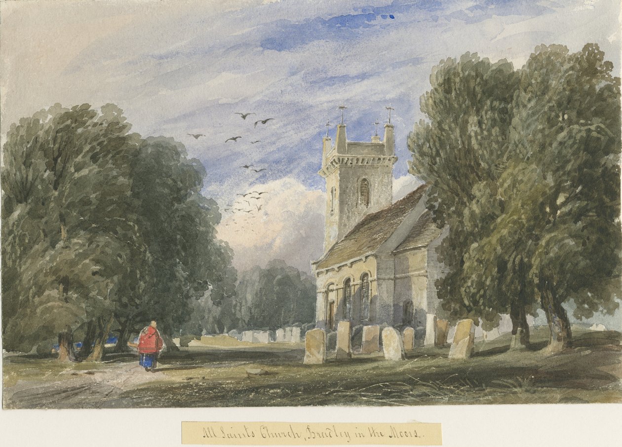 Bradley-in-the-Moors Kirche: Aquarell, undatiert [ca. 1830-1840] von Lewis John Wood