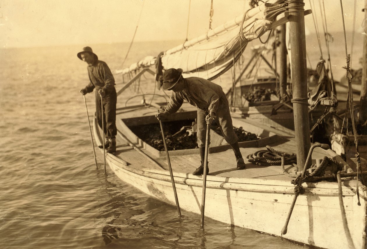 Fred, ein junger Austernfischer, arbeitet auf einem Austernboot in der Mobile Bay, das Riff, nahe Bayou La Batre von Lewis Wickes Hine