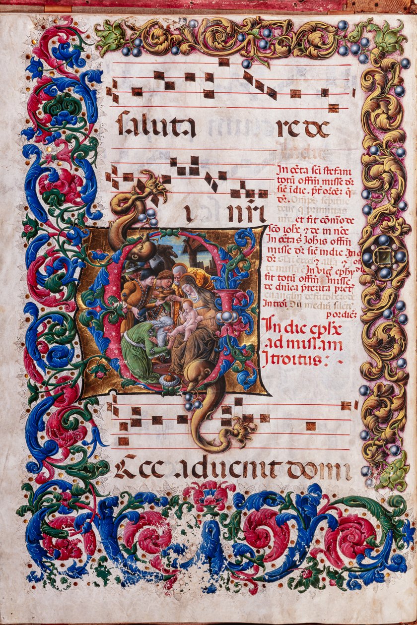 Piccolomini-Bibliothek: Chorbuch, cod. 19.4, ff. 9v mit „Anbetung der Heiligen Drei Könige“, von Liberale da Verona (ca. 1445 - 1527/9) von Liberale da Verona