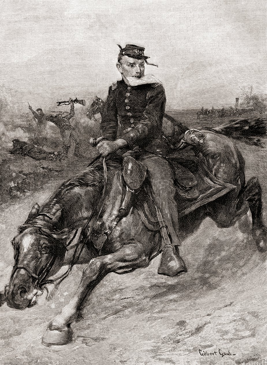 Ein Meldereiter während des amerikanischen Bürgerkriegs, aus The Century Magazine, veröffentlicht 1887 (Gravur) von Unbekannt Unbekannt