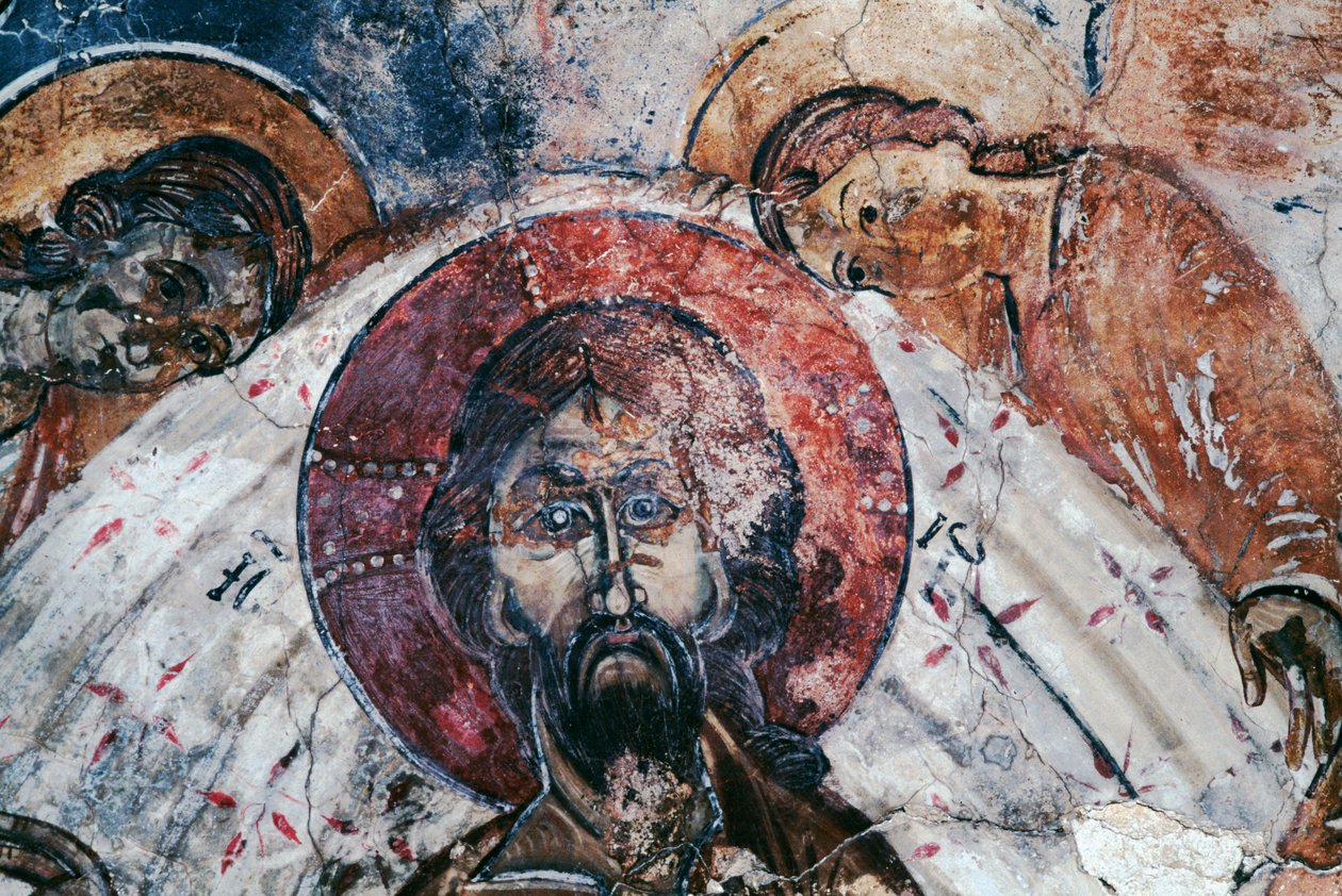 Christus, Fresko in der byzantinischen Kirche St. Georg, Komitades, Kreta, Griechenland von Unbekannt Unbekannt