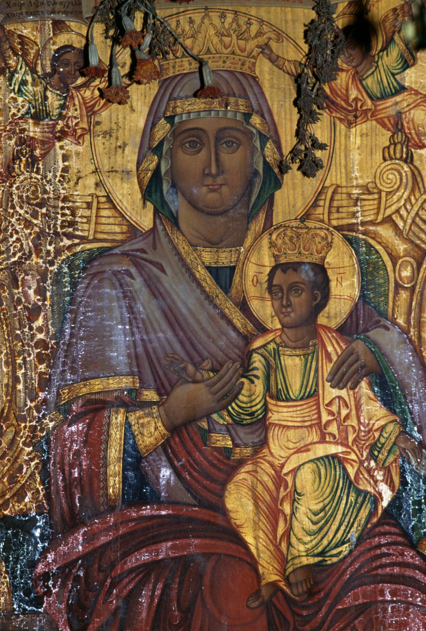 Madonna mit Kind, vergoldetes Gemälde, byzantinische Kirche Agios Georgios, Vathi, Kreta, Griechenland von Unbekannt Unbekannt