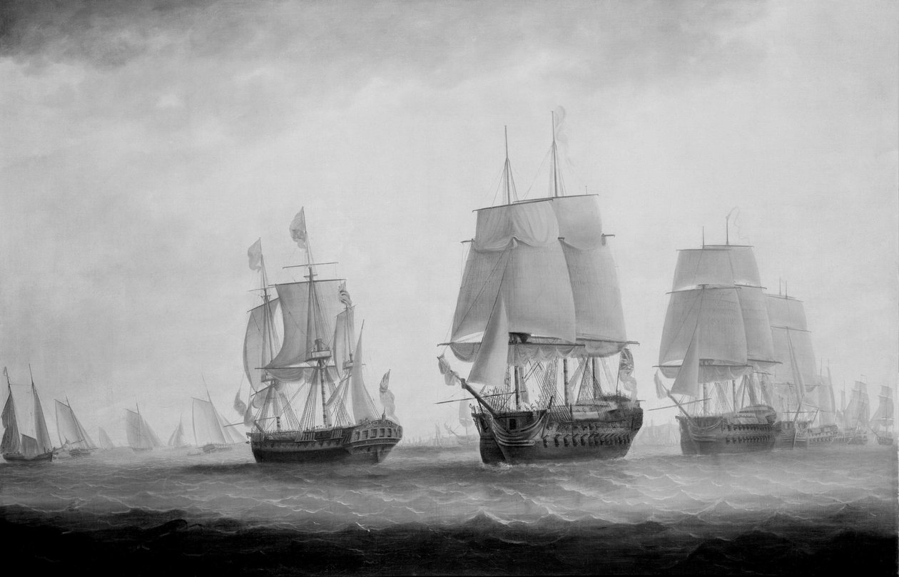 George III. auf der HMS Southampton bei der Flotteninspektion vor Plymouth, 18. August 1789 von Lieutenant William Elliott