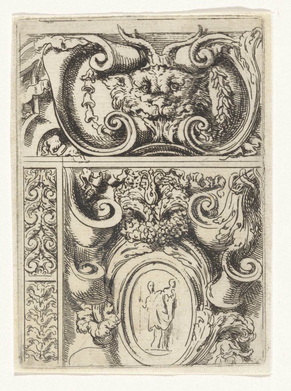 Kartusche mit Tierkopf und darunter eine Kartusche mit Madonna mit Kind von Lieven Mehus