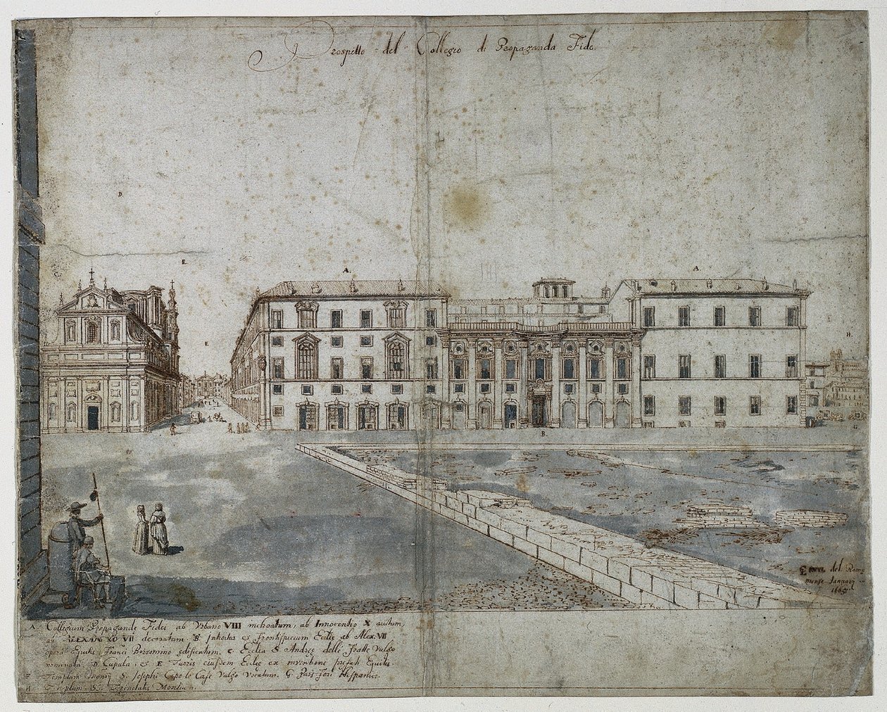 Achtzehn Ansichten von Rom: Das Collegio di Propaganda Fide recto, 1665 von Lievin Cruyl