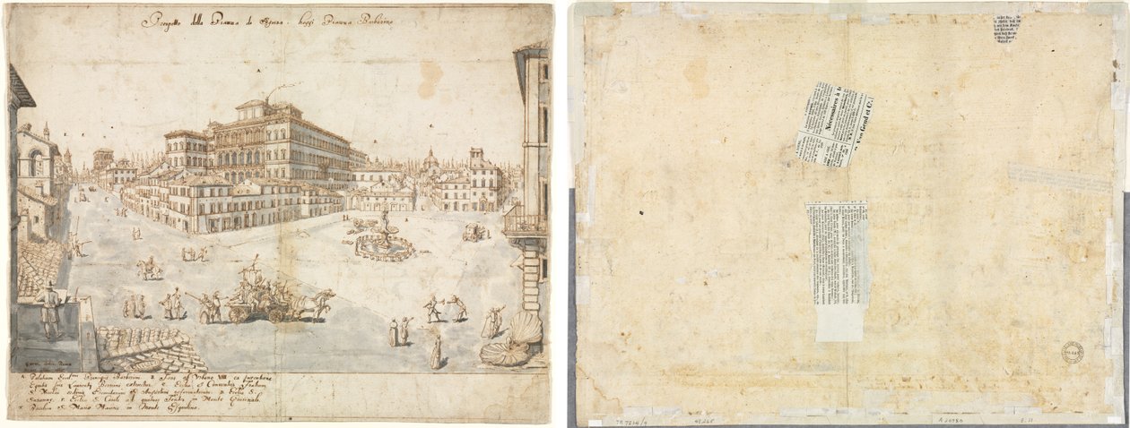 Achtzehn Ansichten von Rom: Die Piazza Barberini (recto); Abzeichnung eines Brunnens von Recto und Skizzen von zwei Gesichtern (verso) von Lievin Cruyl