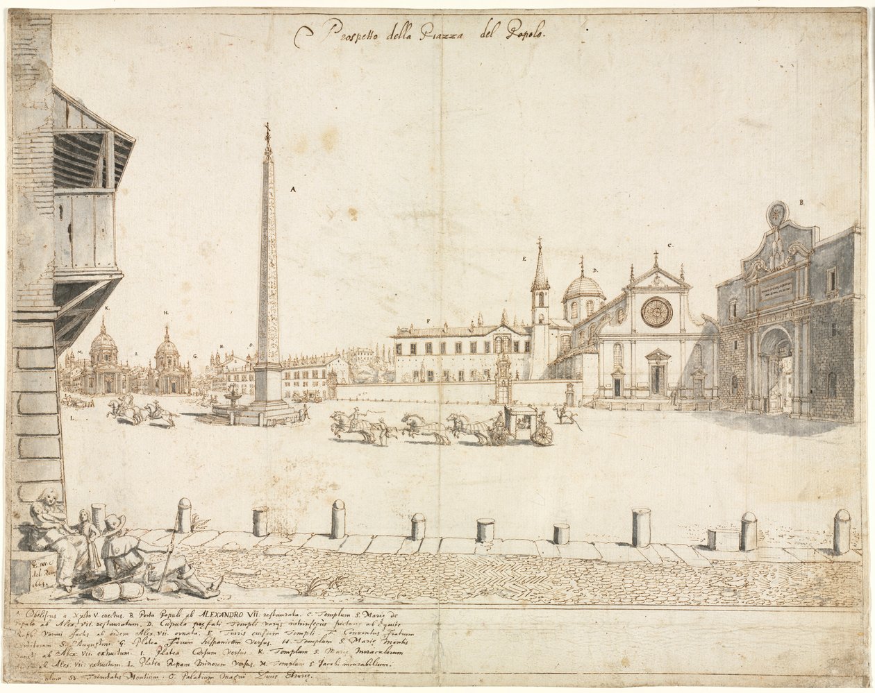 Achtzehn Ansichten von Rom: Die Piazza del Popolo recto, 1664 von Lievin Cruyl