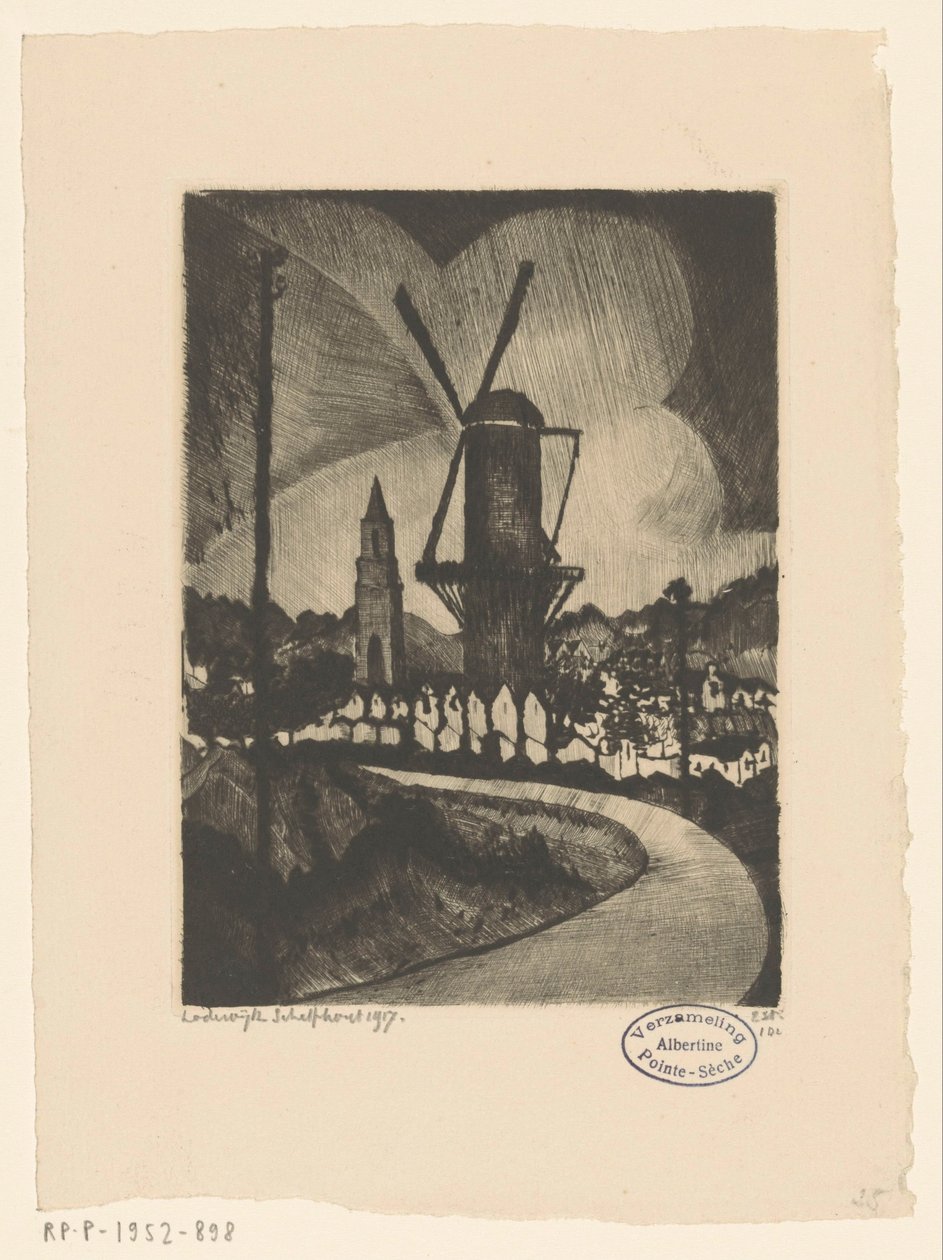 Hügellandschaft mit Mühle von Lodewijk Schelfhout (signed by artist)