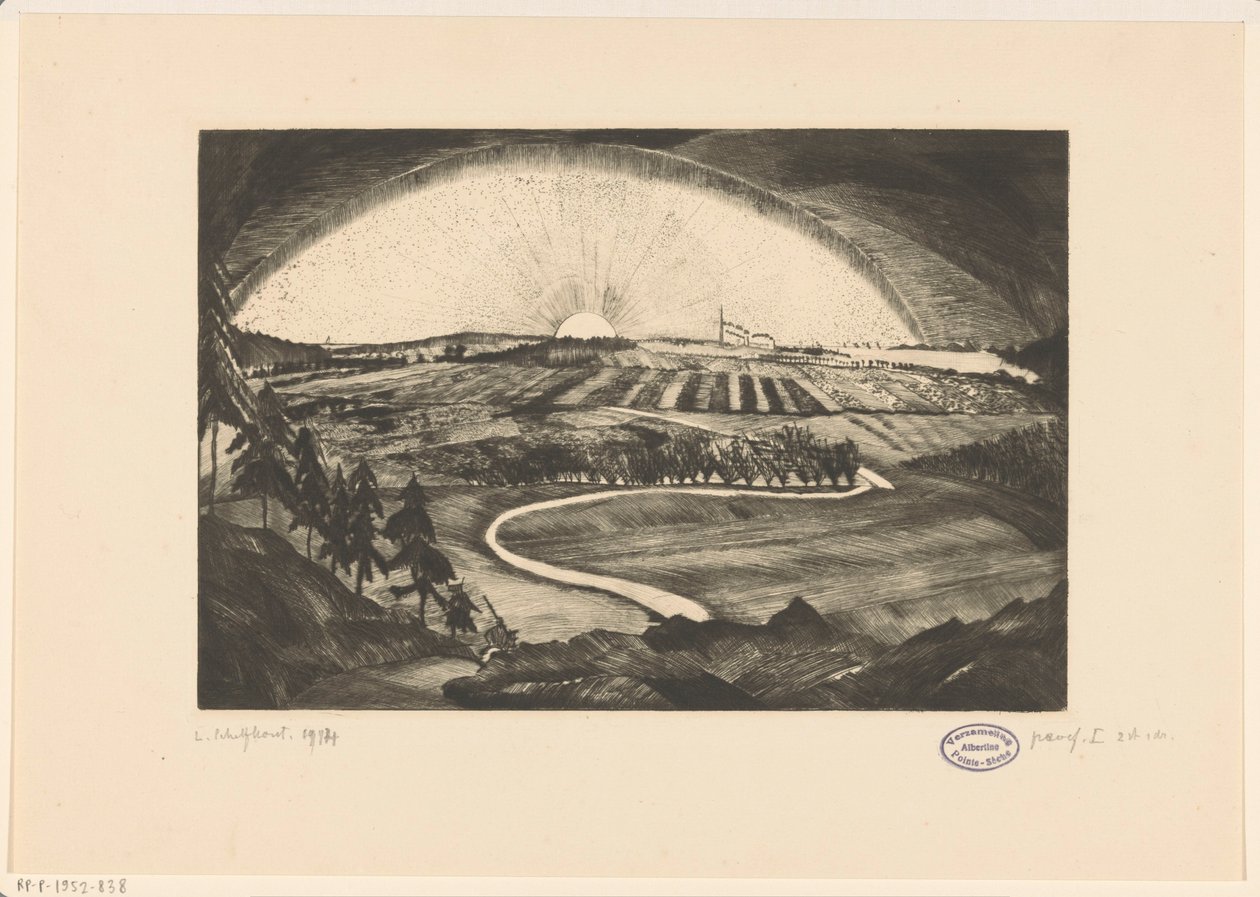 Aufgehende oder untergehende Sonne über einer Hügellandschaft von Lodewijk Schelfhout (signed by artist)