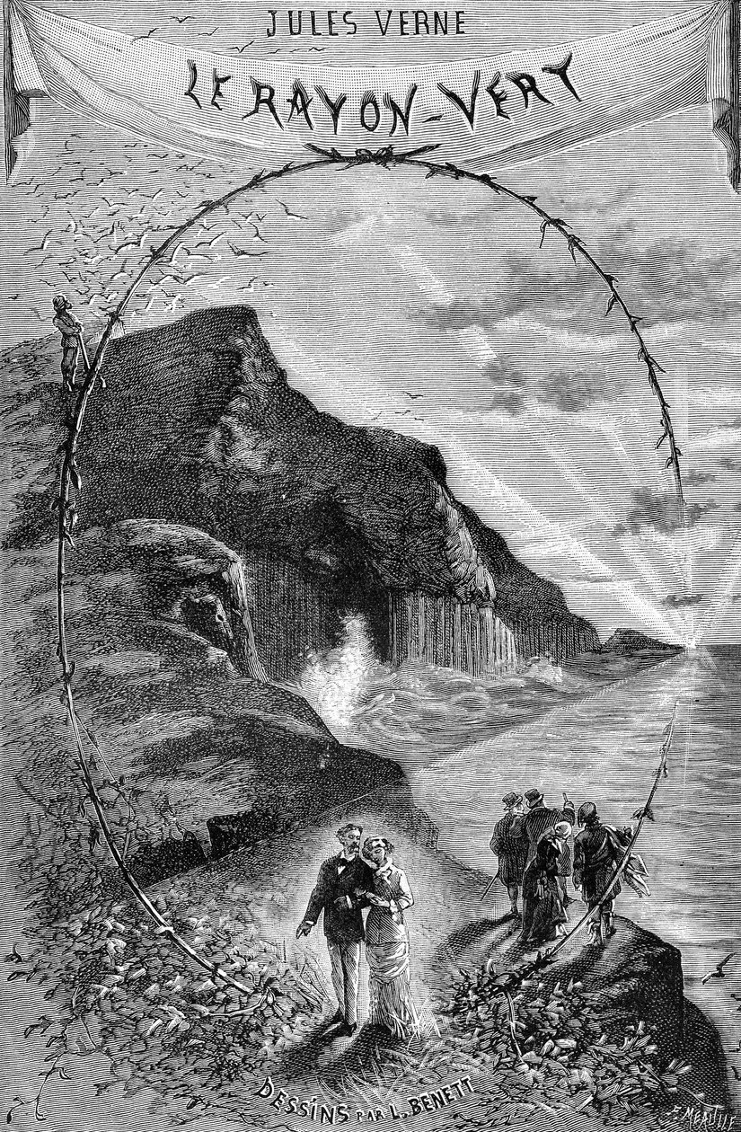 Frontispiz von Jules Vernes Roman „Der grüne Strahl“, Hetzel-Sammlung/Außergewöhnliche Reisen 1882. Zeichnung von Leon Benett von Léon Benett