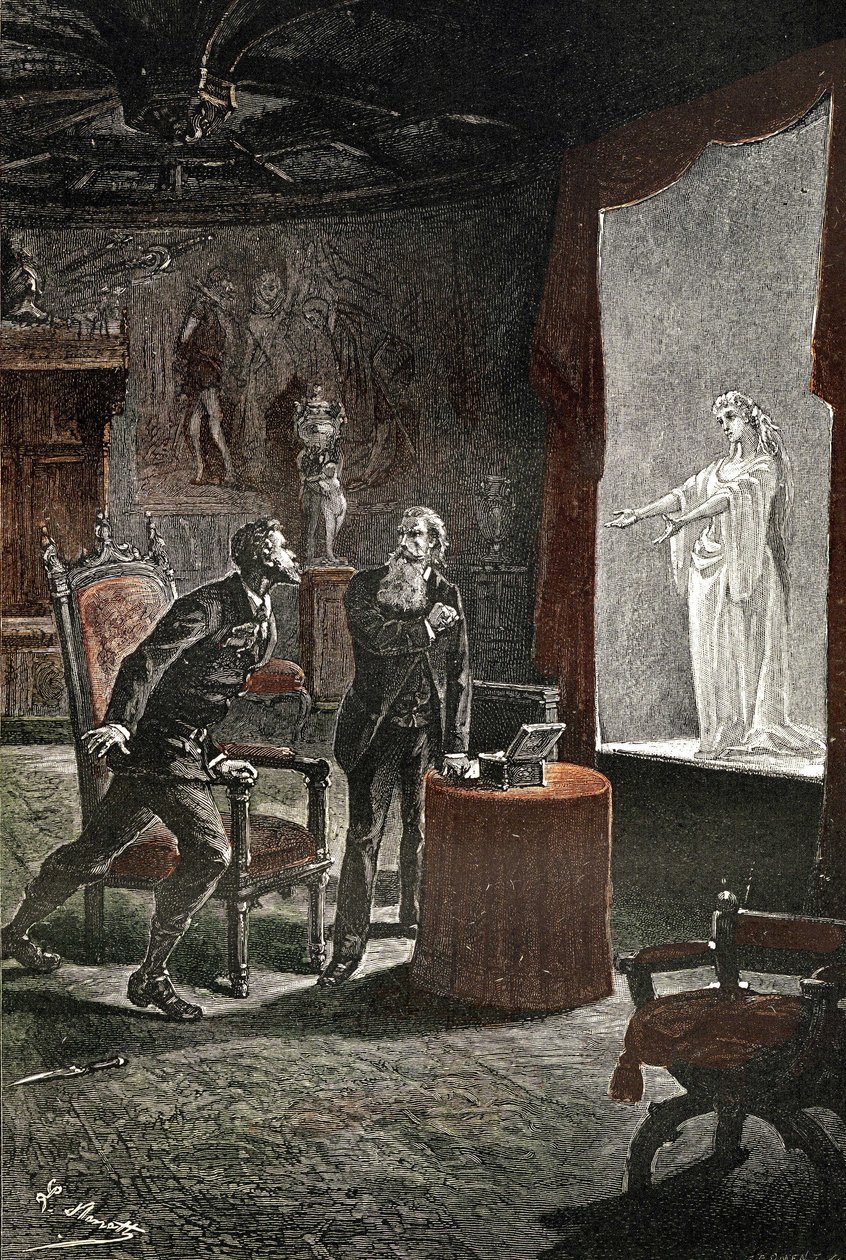 Illustration des Romans „Le chateau des Carpathes“ von Jules Verne, Hetzel/Voyages extraordinaire Ausgabe, geschrieben zwischen 1884 und 1889, veröffentlicht 1892, Zeichnung von Leon Benett. La Stilla, eine verstorbene Sängerin, erschien in Franz de Telek, von Léon Benett