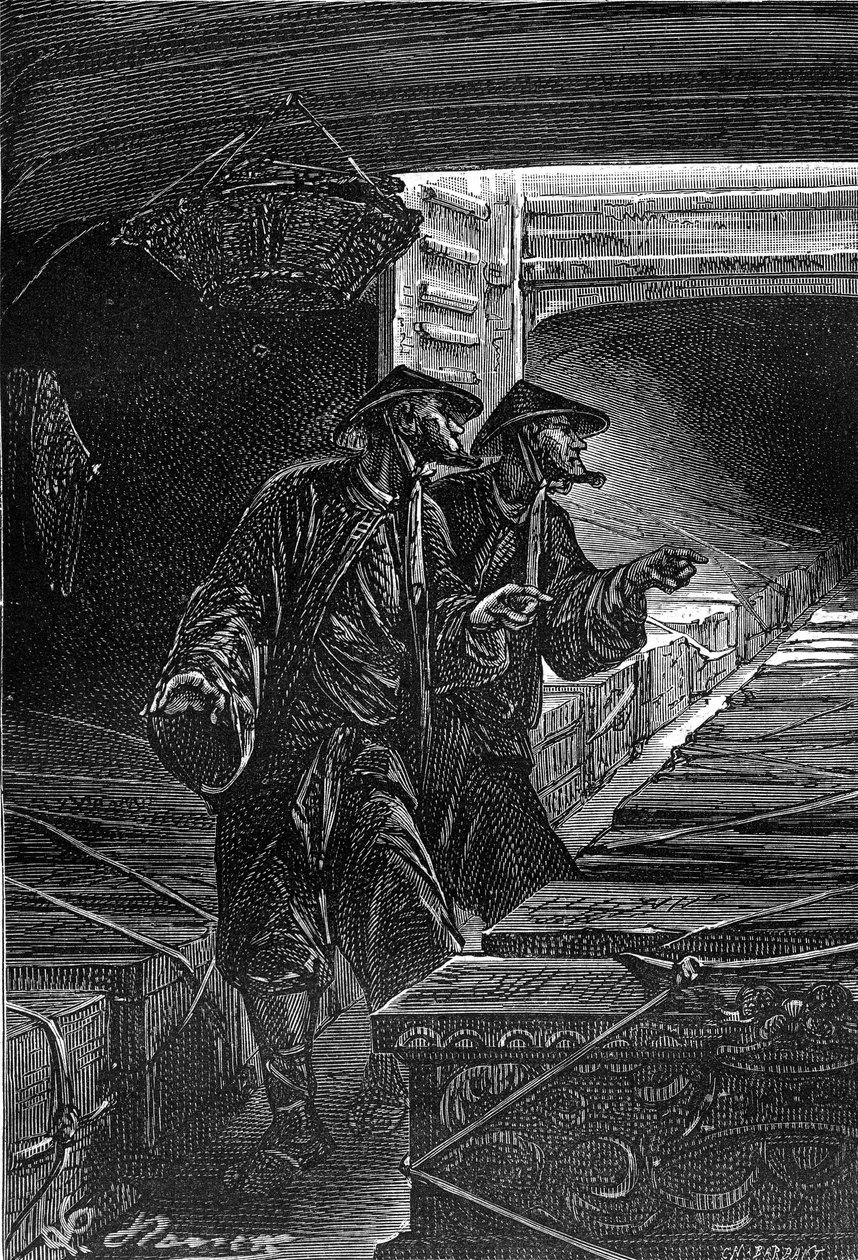 Zeichnung von Leon Benett, aus dem Buch von Jules Verne „Die Leiden eines Chinesen in China“ - Hetzel-Ausgabe. Außergewöhnliche Reisen 1879. von Léon Benett