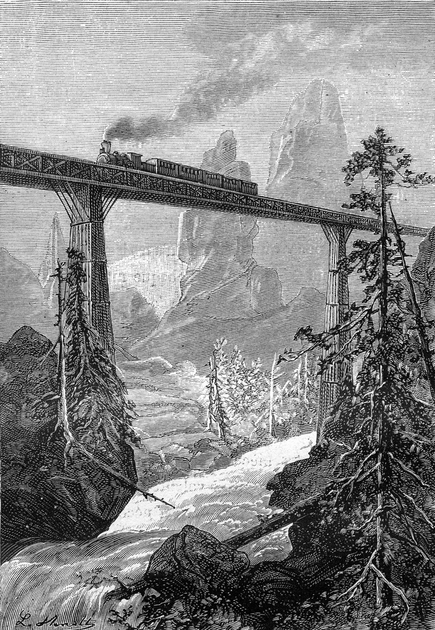 Zeichnung von Leon Benett, aus dem Buch von Jules Verne „Die 500 Millionen der Begum“ - Ausgabe Hetzel/Außergewöhnliche Reisen 1879. Dampflok überquert eine kühne Brücke in einer Berglandschaft mit Wildbach von Léon Benett