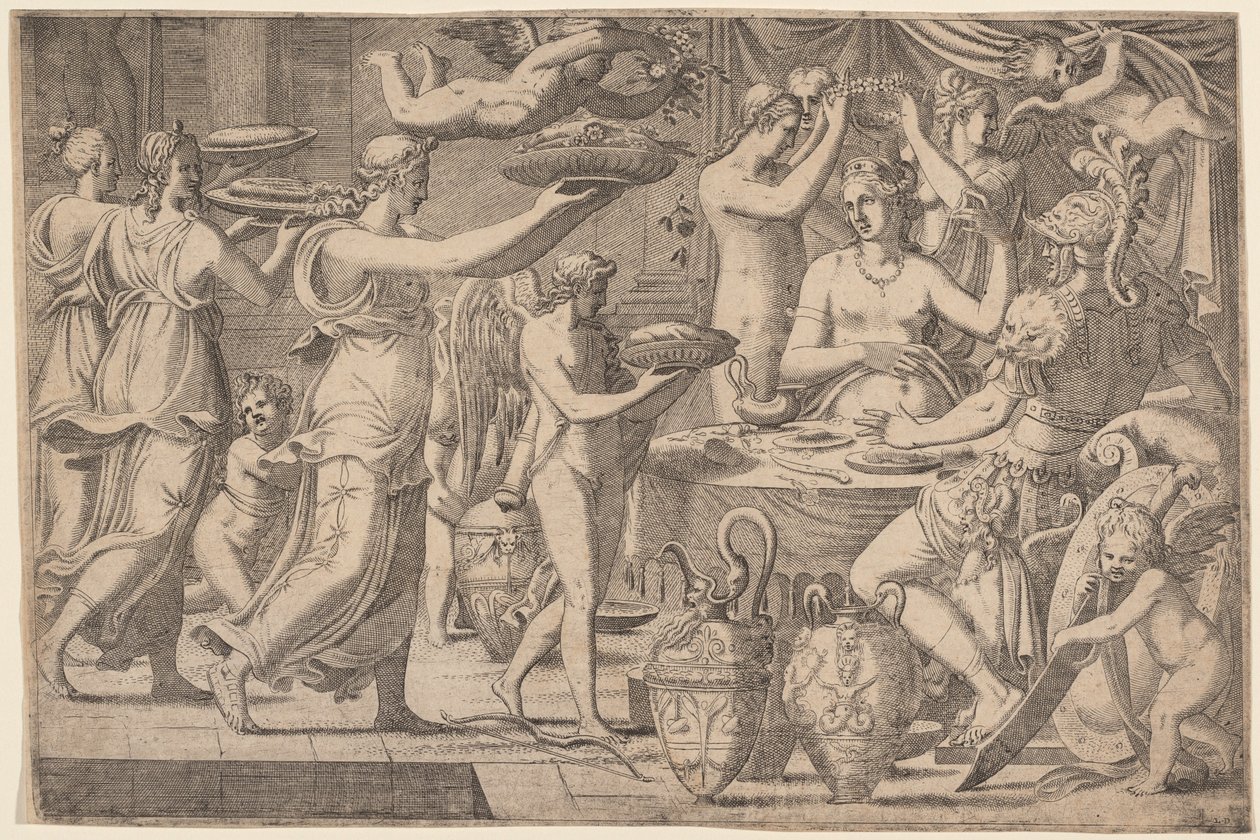 Venus und Mars, bedient von Amor und den drei Grazien von Léon Davent, after Luca Penni
