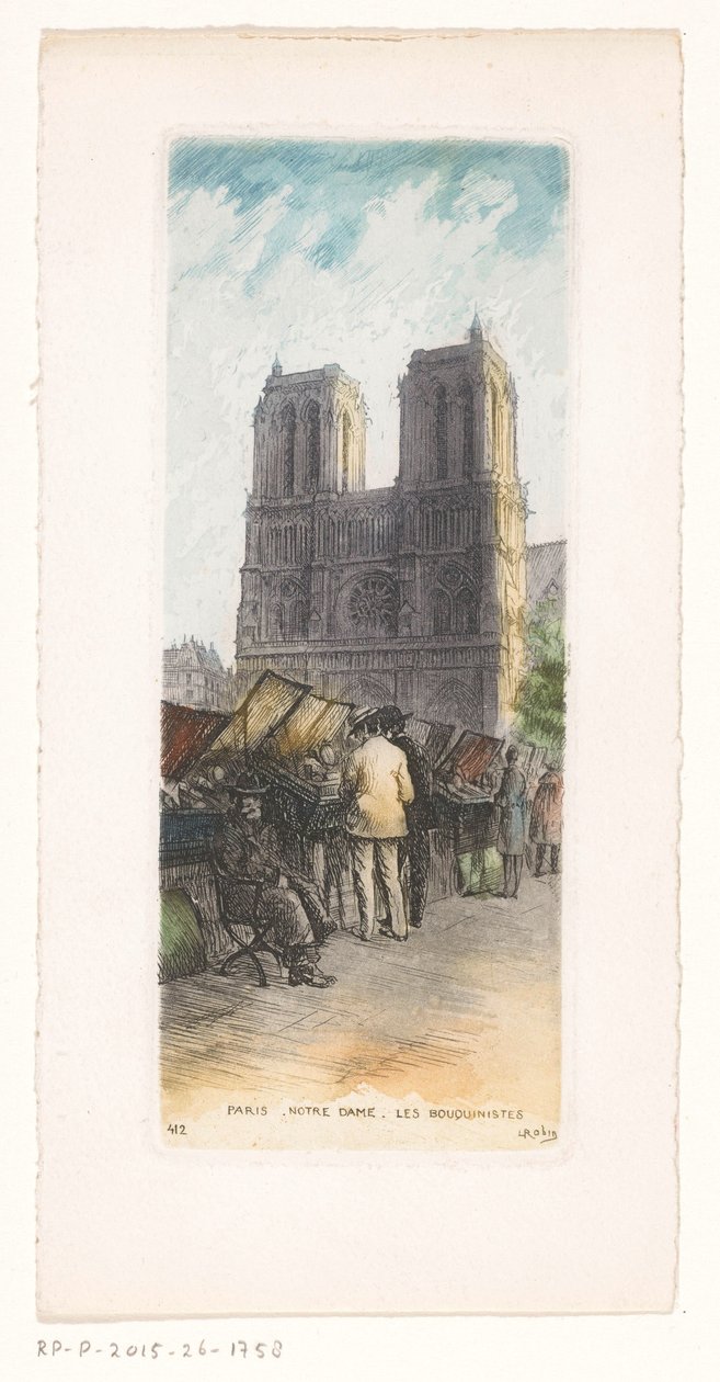 Ansicht der Notre-Dame in Paris mit Buchhändlern im Vordergrund von Léopold Robin