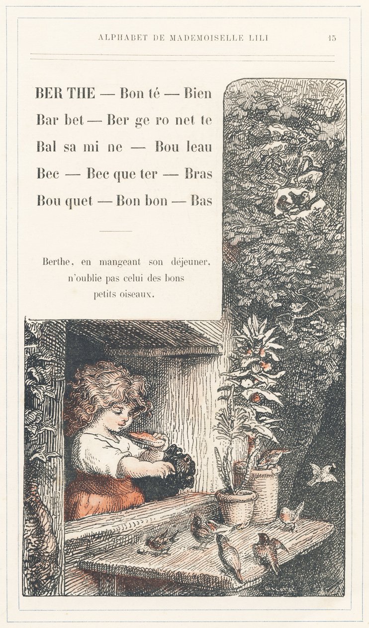 Berthe, Bonte, Brunnen, Barbet, Bachstelze, Balsamine, Birke, Schnabel, Schnäbeln, Arm, Strauß, Bonbon, Boden, Seite 15 - Alphabet von Mademoiselle Lili, von L. Froelich und von einem Vater (Hetzel selbst). Bibliotheque & Magasin d