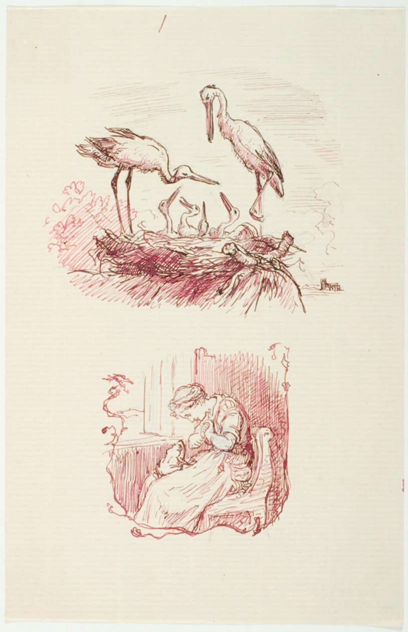 Störche und sitzende Frau mit einem Frosch auf dem Schoß von Lorenz Frølich