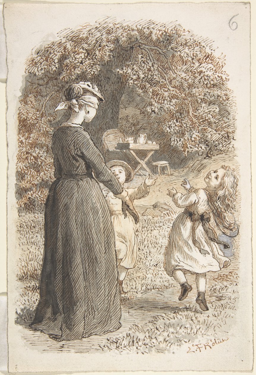 Eine Mutter und zwei Kinder spielen Blindekuh von Lorenz Frølich