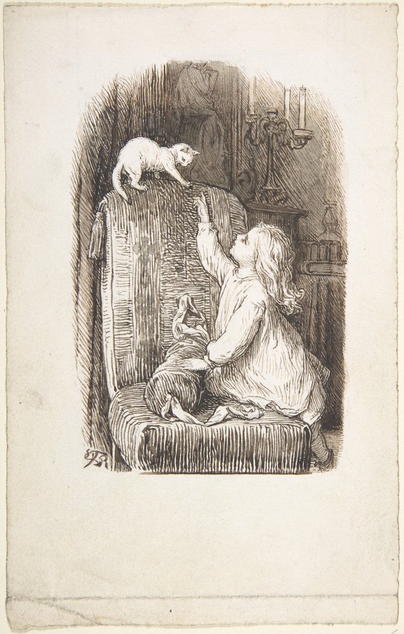 Kind klettert auf einen Stuhl, um eine Katze zu erreichen von Lorenz Frølich