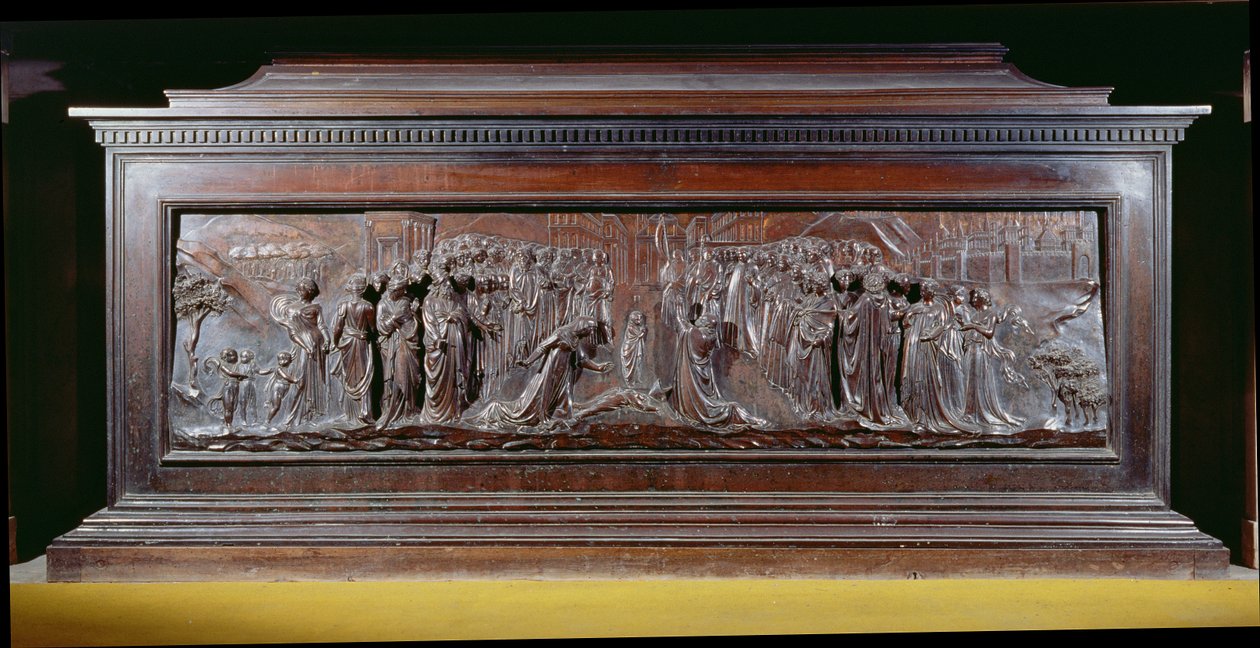 Das Heiligtum des heiligen Zenobius zeigt ein langes Panel, das das Wunder des Strozzi-Jungen darstellt. ca. 1432-42 von Lorenzo Ghiberti