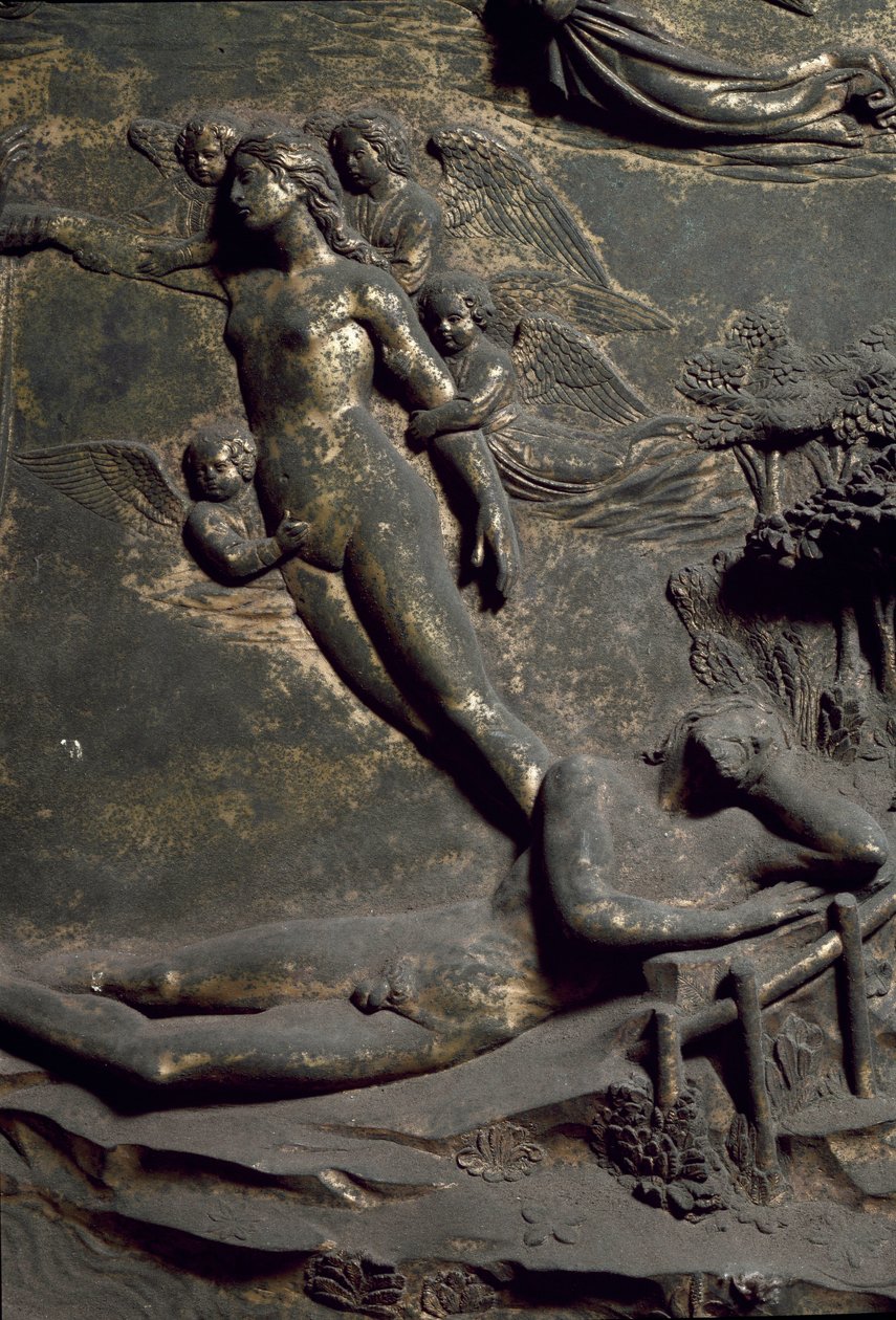 Erschaffung Evas aus der Rippe Adams. Detail der Osttür, genannt Paradies, Schnitzerei von Lorenzo Ghiberti