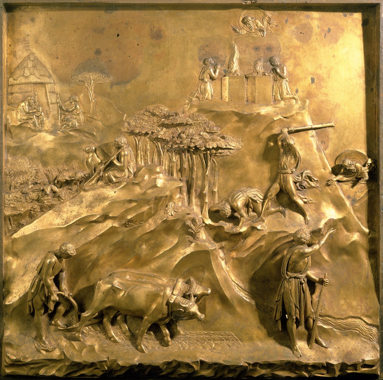 Die Geschichte von Kain und Abel: Das Opfer, der Mord an Abel und Gott verbannt Kain, Originaltafel von den Osttüren des Baptisteriums, 1425-52 (vergoldete Bronze) (nach der Restaurierung) von Lorenzo Ghiberti