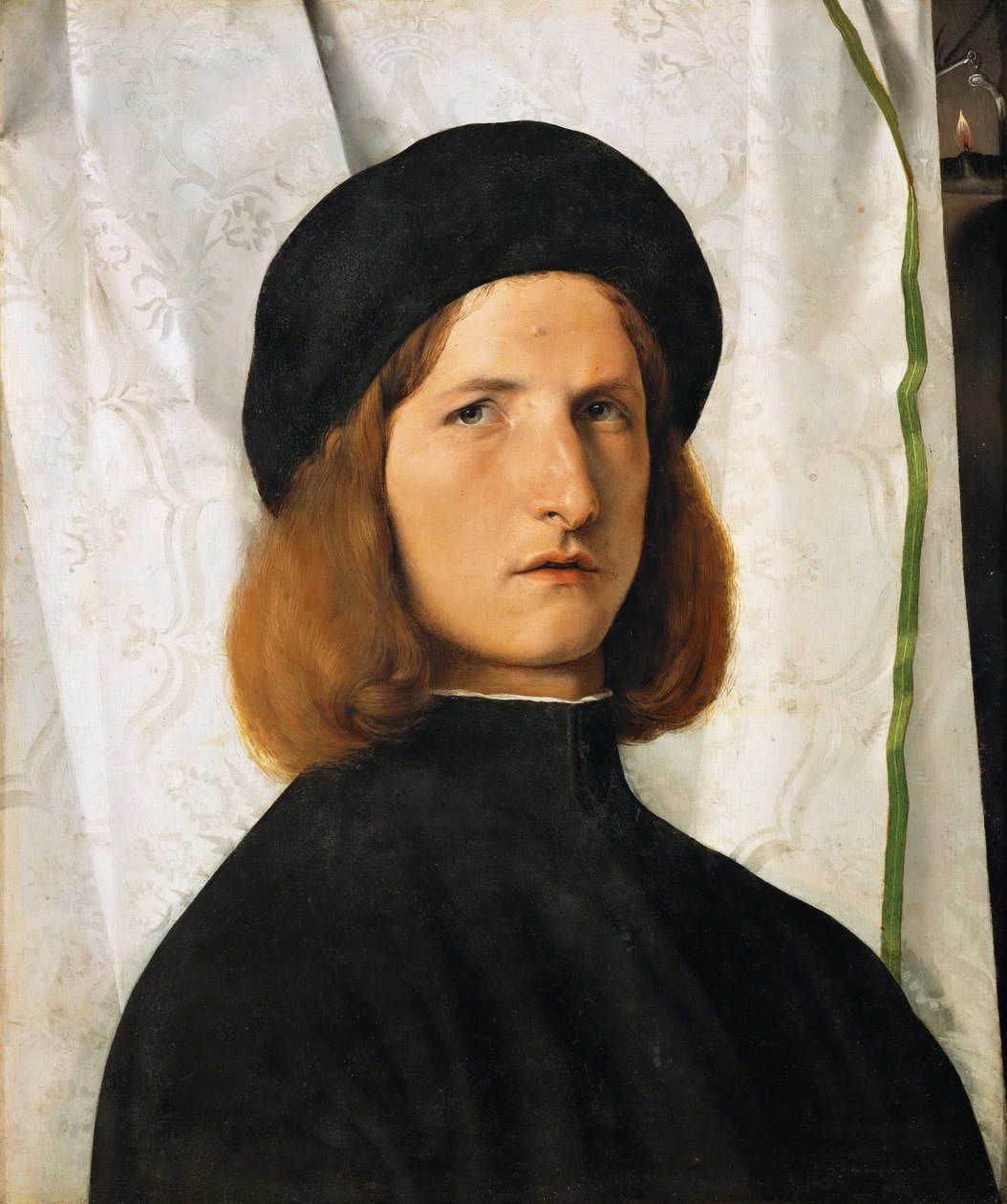 Renaissance: Porträt eines jungen Mannes vor einem weißen Vorhang von Lorenzo Lotto