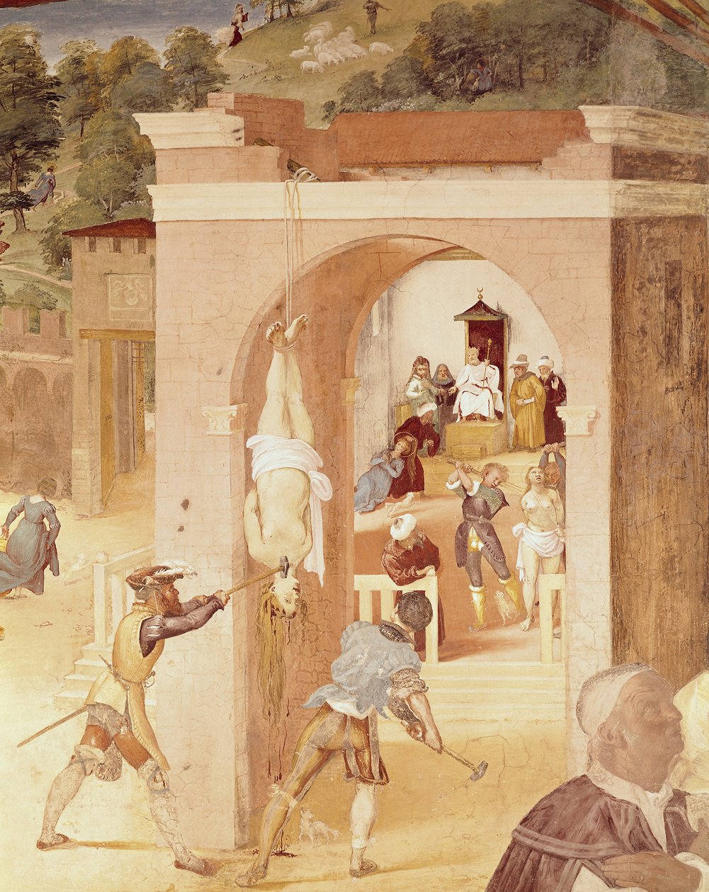 Szenen aus dem Leben der hl. Barbara, Detail der Übergabe der hl. Barbara an den römischen Präfekten Marcian und ihrer anschließenden Folterung, 1523-24 von Lorenzo Lotto