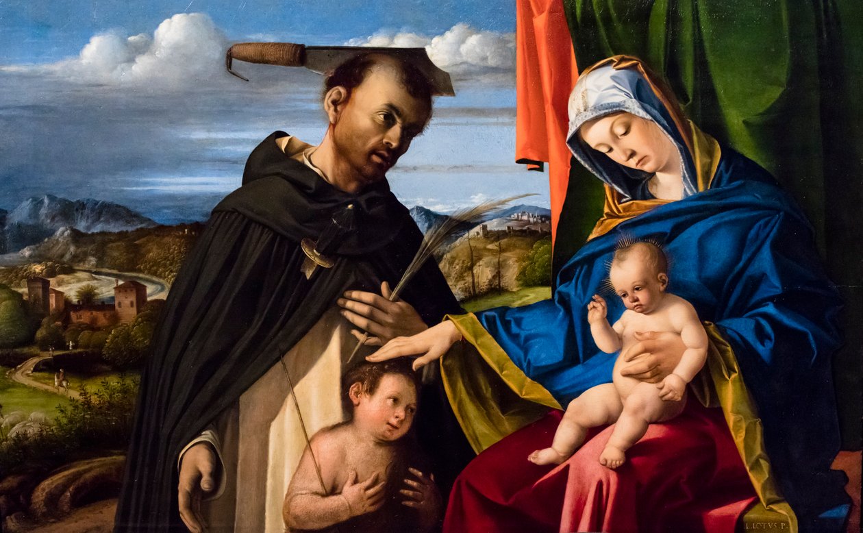 Jungfrau und Kind, Johannes der Täufer als Kind und Heiliger Petrus der Märtyrer von Lorenzo Lotto