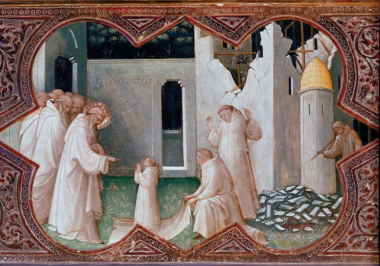 Altarbild der Krönung der Jungfrau: „Heiliger Benedikt von Nursia erweckt einen Mönch zum Leben“ Detrempe auf Holz von Piero di Giovanni genannt Lorenzo Monaco (1370-1424) von Lorenzo Monaco