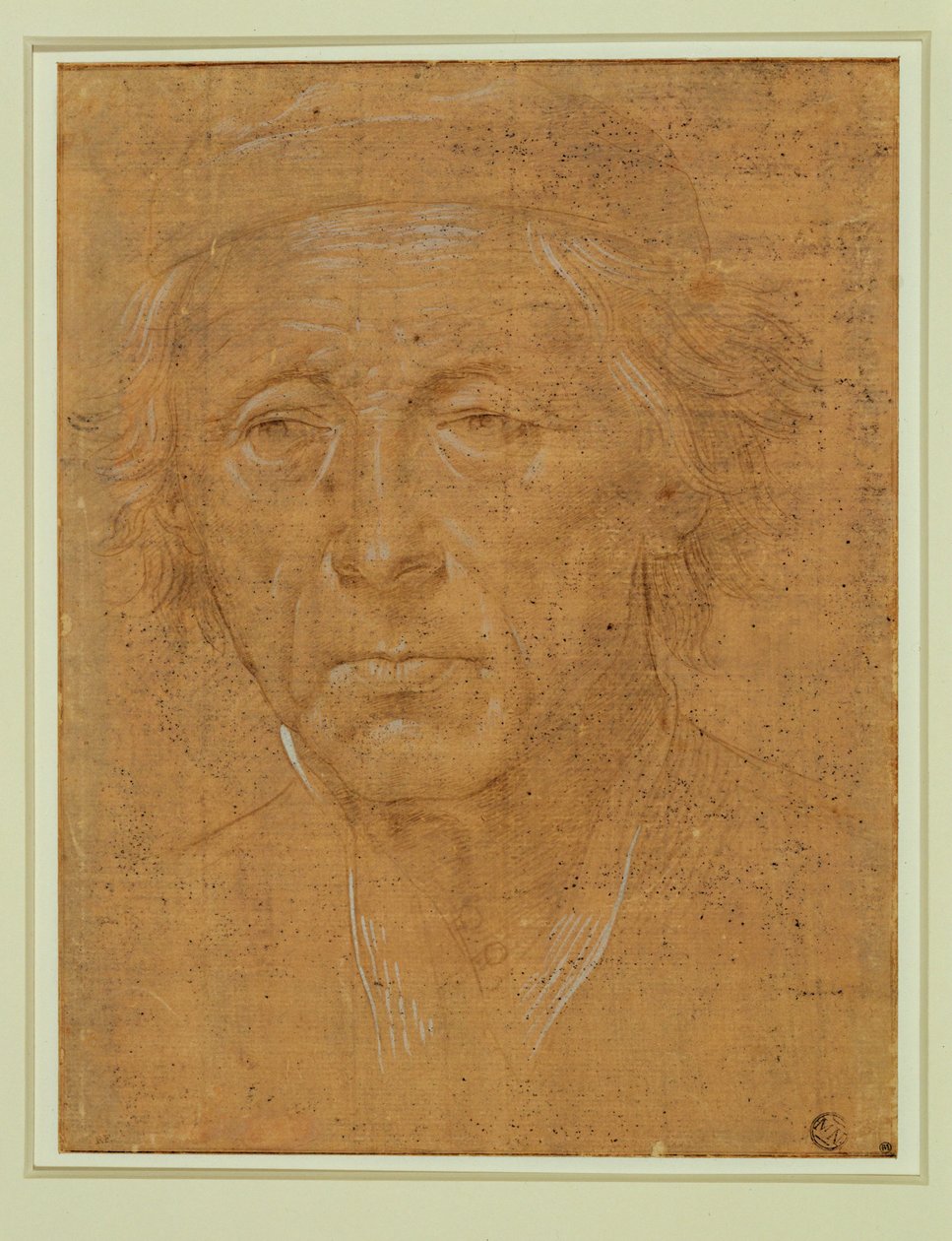 Porträt eines alten Mannes, frontal, mit Mütze von Lorenzo di Credi