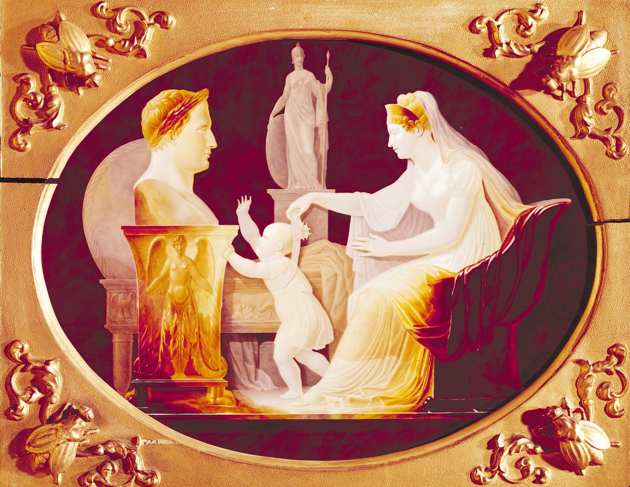 Marie-Louise von Österreich (1791-1847) führt ihren Sohn mit dem Band einer Medaille der Ehrenlegion zu einer Büste von Napoleon Bonaparte (1769-1821), 1813 (Öl auf Porzellan) von Louis Bertin Parant