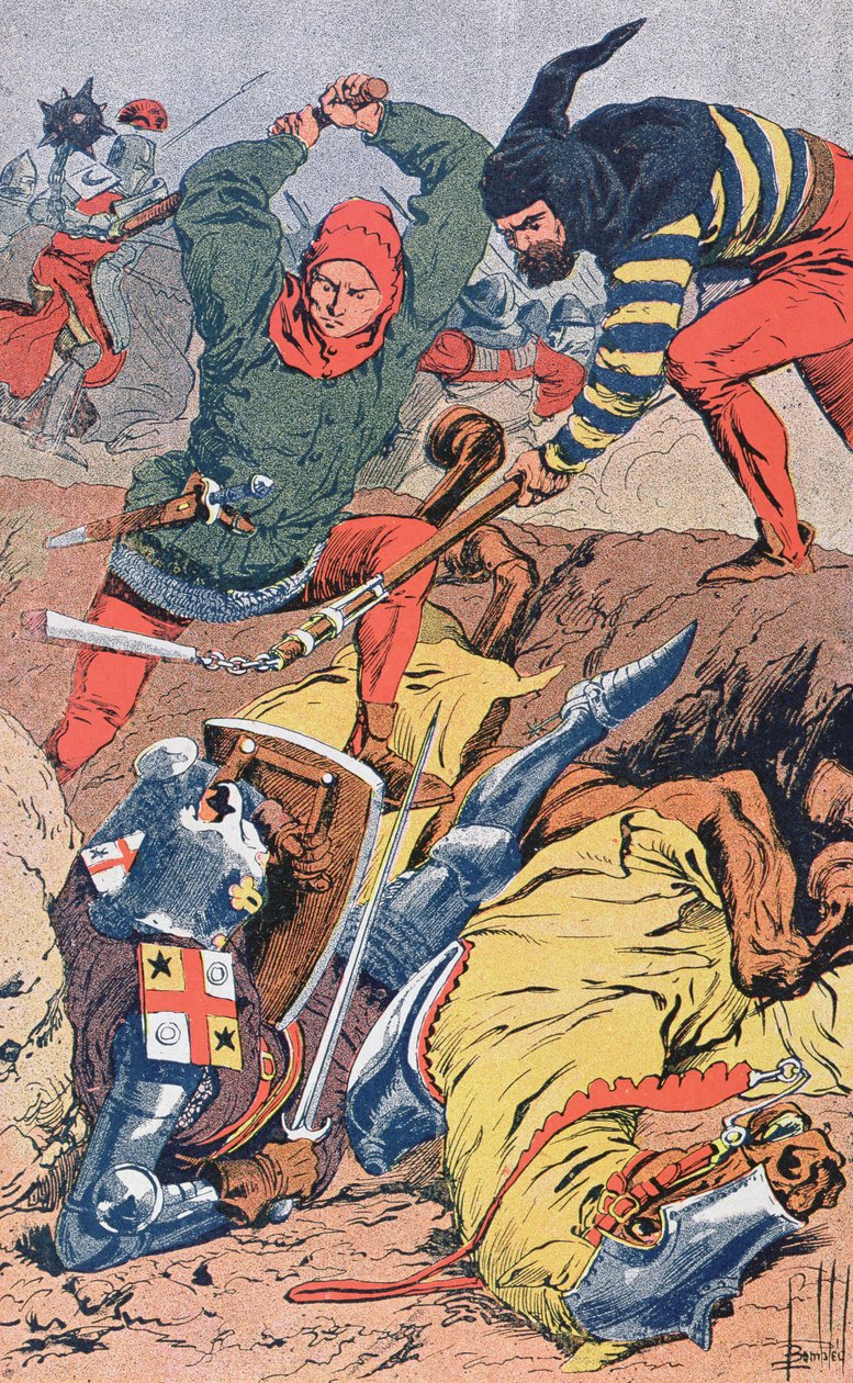 Flämische Bürger, die zu Fuß kämpfen, besiegen die gut gepanzerten und berittenen französischen Ritter in der Schlacht der Goldenen Sporen bei Courtrai im Jahr 1302, ca. 1900 von Louis Charles Bombled