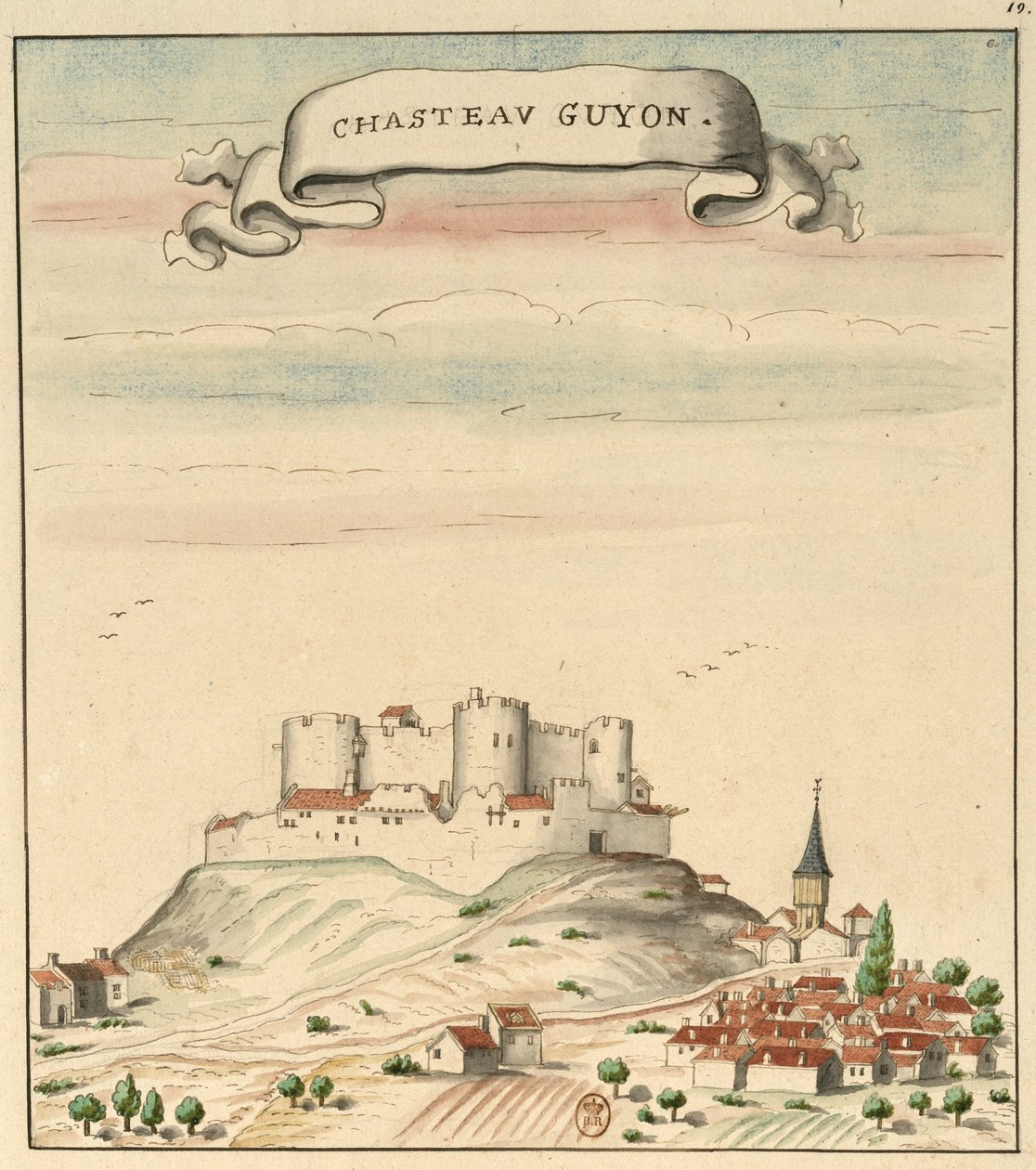 Zeichnung des Schlosses und des Dorfes Châtel-Guyon (um 1450) inspiriert von Guillaume Revel, L