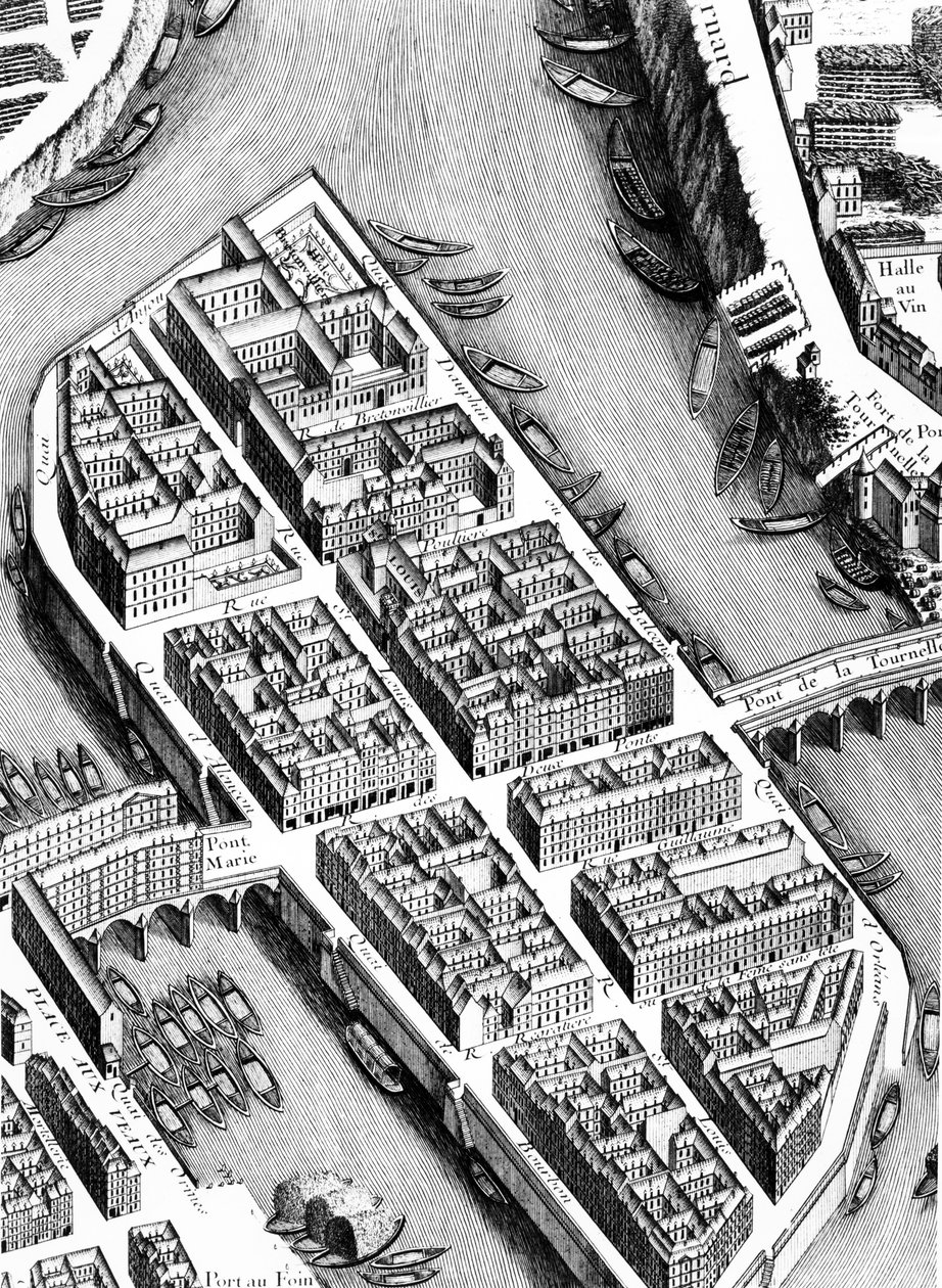 Die Île St. Louis, Detail aus dem Plan von Paris, bekannt als Plan de Turgot, graviert von Claude Lucas, 1734-39 von Louis Bretez